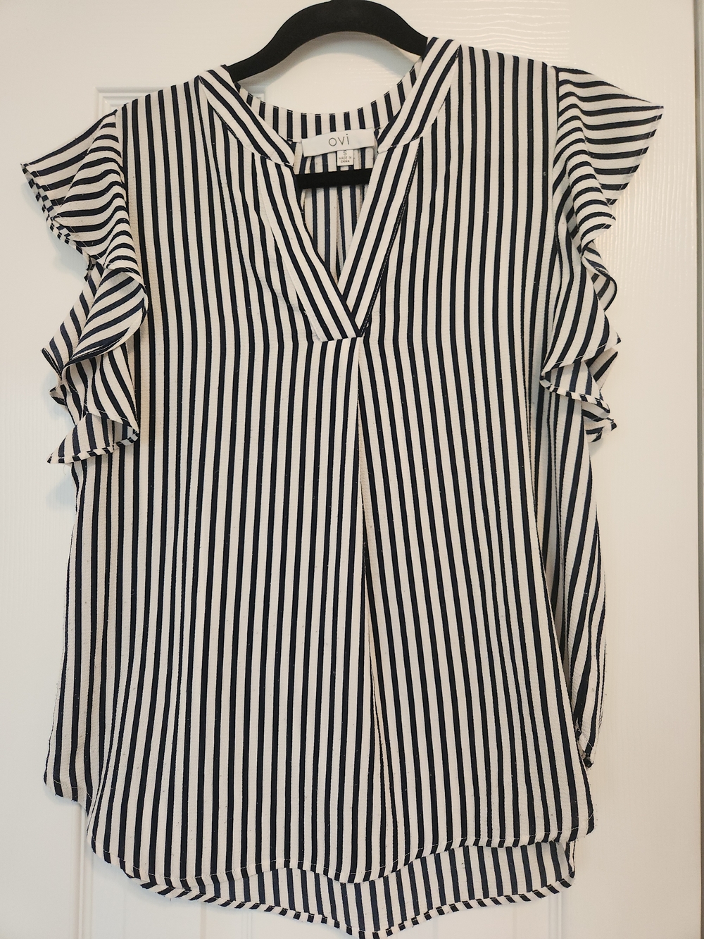 Ovi Navy & White Vertical Stripe Ruffle Sleeve V-Neck Blouse